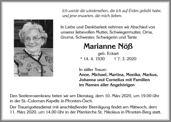 Traueranzeige von Marianne Nöß von Allgäuer Zeitung, Füssen