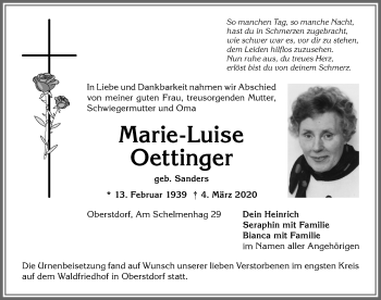 Traueranzeige von Marie-Luise Oettinger von Allgäuer Anzeigeblatt