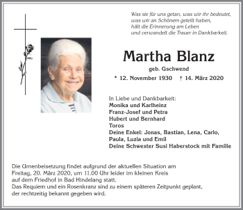 Traueranzeige von Martha Blanz von Allgäuer Anzeigeblatt