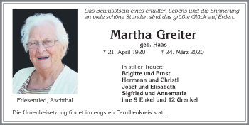 Traueranzeige von Martha Greiter von Allgäuer Zeitung