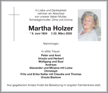 Traueranzeige von Martha Holzer von Memminger Zeitung