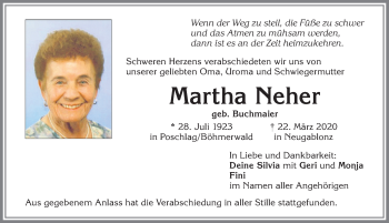Traueranzeige von Martha Neher von Allgäuer Zeitung, Kaufbeuren/Buchloe