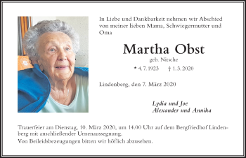 Traueranzeige von Martha Obst von Der Westallgäuer