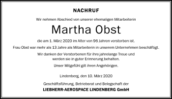 Traueranzeige von Martha Obst von Der Westallgäuer