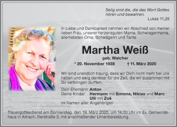 Traueranzeige von Martha Weiß von Memminger Zeitung