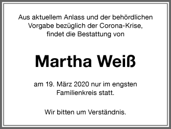Traueranzeige von Martha Weiß von Memminger Zeitung