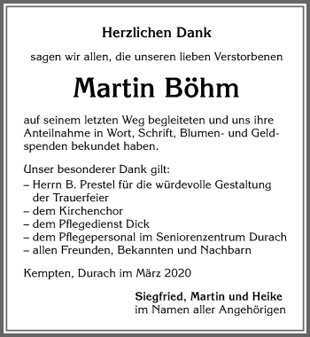 Traueranzeige von Martin Böhm von Allgäuer Zeitung,Kempten