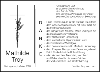 Traueranzeige von Mathilde Troy von Der Westallgäuer