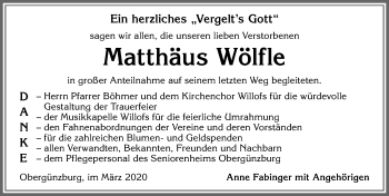 Traueranzeige von Matthäus Wölfle von Allgäuer Zeitung, Marktoberdorf