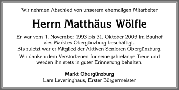 Traueranzeige von Matthäus Wölfle von Allgäuer Zeitung, Marktoberdorf