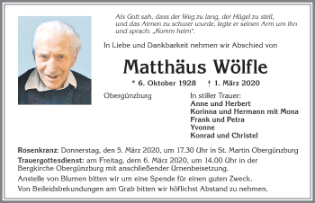 Traueranzeige von Matthäus Wölfle von Allgäuer Zeitung, Marktoberdorf