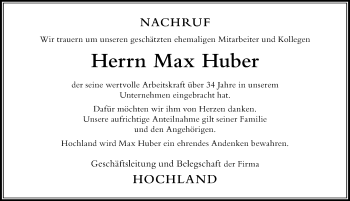 Traueranzeige von Max Huber von Der Westallgäuer
