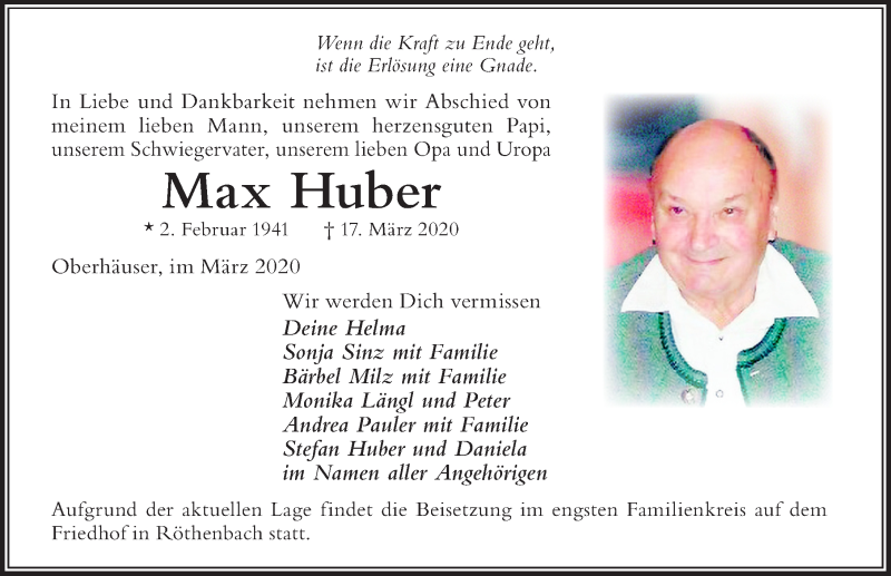  Traueranzeige für Max Huber vom 20.03.2020 aus Der Westallgäuer