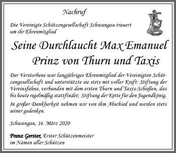 Traueranzeige von Max Emanuel Prinz von Thurn und Taxis von Allgäuer Zeitung, Füssen