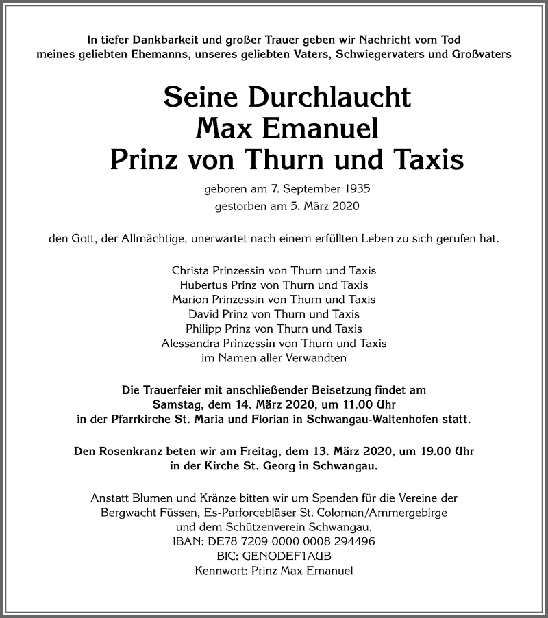  Traueranzeige für Max Emanuel Prinz von Thurn und Taxis vom 09.03.2020 aus Allgäuer Zeitung, Füssen