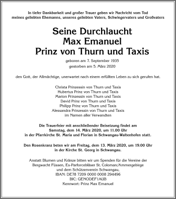 Traueranzeige von Max Emanuel Prinz von Thurn und Taxis von Allgäuer Zeitung, Füssen