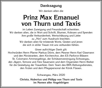 Traueranzeige von Max Emanuel von Thurn und Taxis von Allgäuer Zeitung, Füssen