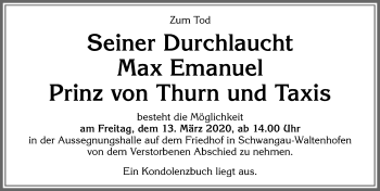 Traueranzeige von Max Emanuel Prinz von Thurn und Taxis von Allgäuer Zeitung, Füssen