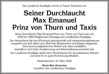 Traueranzeige von Max Emanuel Prinz von Thurn und Taxis von Allgäuer Zeitung