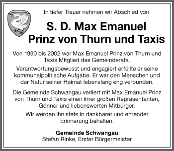 Traueranzeige von Max Emanuel Prinz von Thurn und Taxis von Allgäuer Zeitung, Füssen