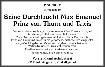 Traueranzeige von Max Emanuel Prinz von Thurn und Taxis von Allgäuer Zeitung, Füssen