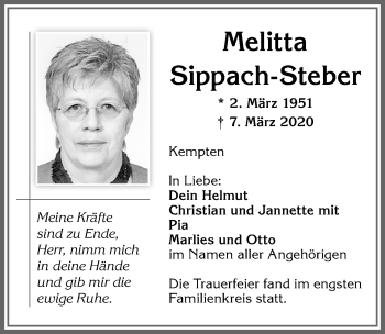 Traueranzeige von Melitta Sippach-Steber von Allgäuer Zeitung,Kempten