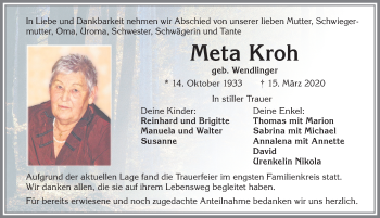 Traueranzeige von Meta Kroh von Allgäuer Zeitung, Kaufbeuren/Buchloe