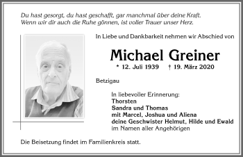 Traueranzeige von Michael Greiner von Allgäuer Zeitung,Kempten