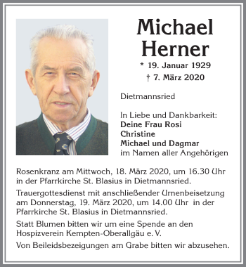 Traueranzeige von Michael Herner von Allgäuer Zeitung,Kempten