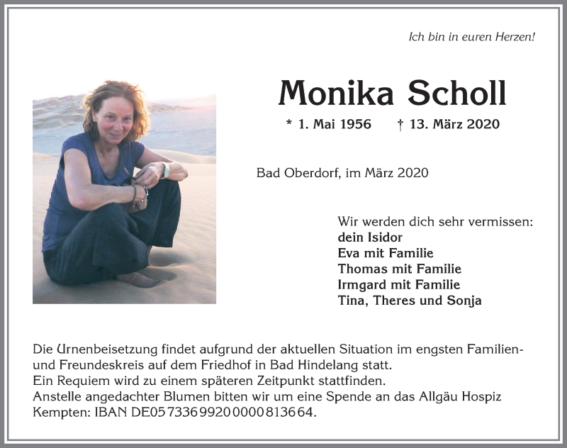  Traueranzeige für Monika Scholl vom 21.03.2020 aus Allgäuer Zeitung