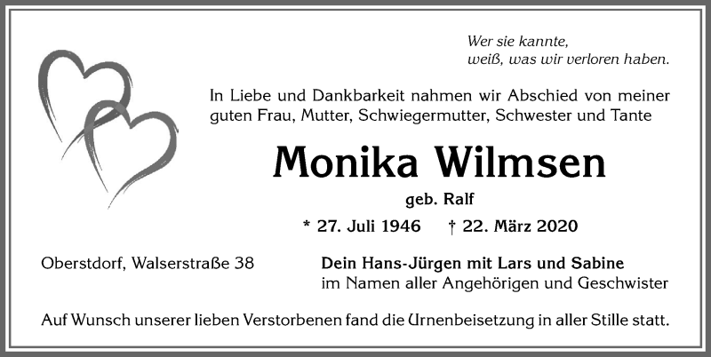  Traueranzeige für Monika Wilmsen vom 26.03.2020 aus Allgäuer Anzeigeblatt