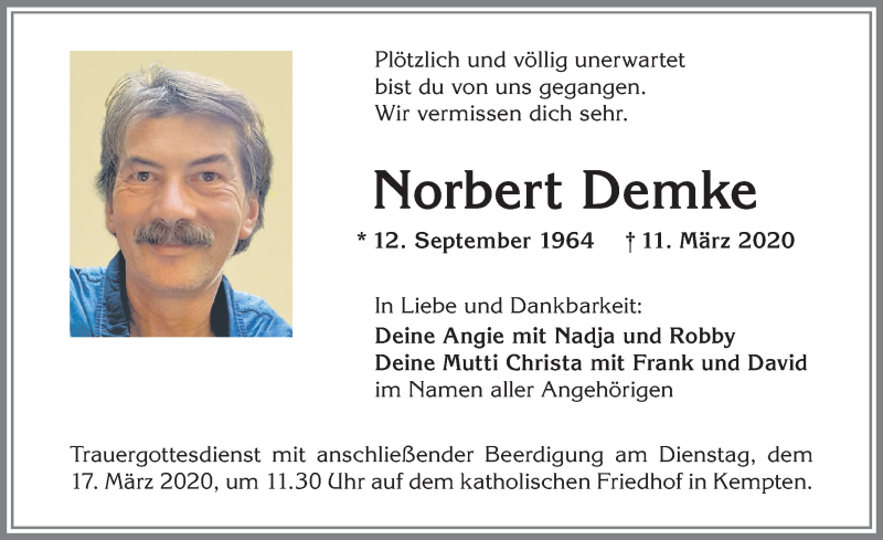  Traueranzeige für Norbert Demke vom 14.03.2020 aus Allgäuer Zeitung,Kempten