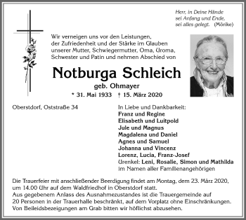 Traueranzeige von Notburga Schleich von Allgäuer Anzeigeblatt