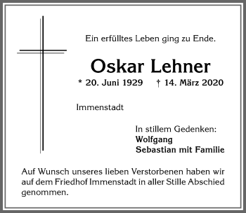 Traueranzeige von Oskar Lehner von Allgäuer Anzeigeblatt