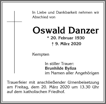 Traueranzeige von Oswald Danzer von Allgäuer Zeitung,Kempten