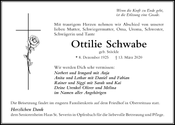 Traueranzeige von Ottilie Schwabe von Der Westallgäuer
