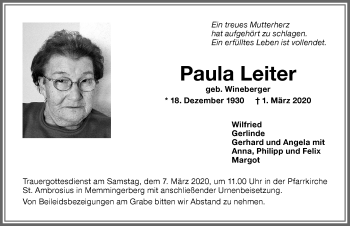 Traueranzeige von Paula Leiter von Memminger Zeitung