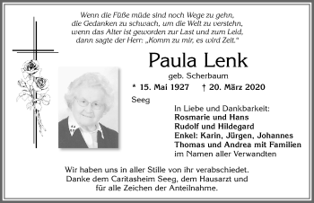 Traueranzeige von Paula Lenk von Allgäuer Zeitung, Füssen