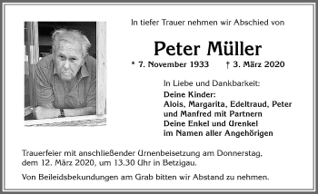 Traueranzeige von Peter Müller von Allgäuer Zeitung,Kempten
