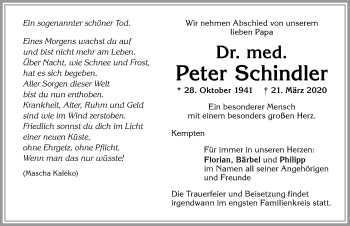 Traueranzeige von Peter Schindler von Allgäuer Zeitung,Kempten