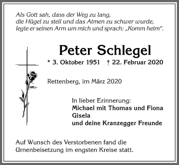 Traueranzeige von Peter Schlegel von Allgäuer Anzeigeblatt