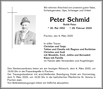 Traueranzeige von Peter Schmid von Allgäuer Anzeigeblatt
