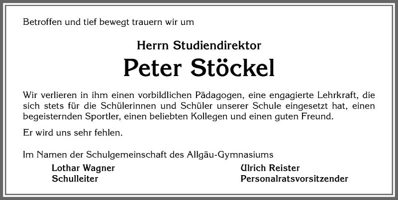  Traueranzeige für Peter Stöckel vom 05.03.2020 aus Allgäuer Zeitung,Kempten