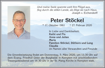 Traueranzeige von Peter Stöckel von Allgäuer Zeitung,Kempten