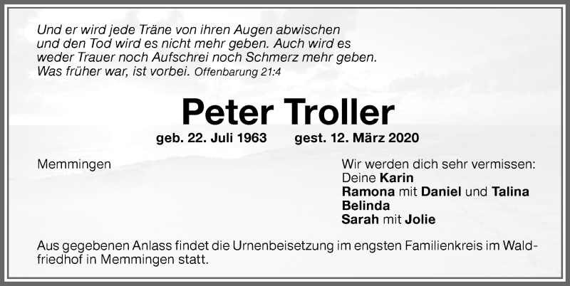  Traueranzeige für Peter Troller vom 18.03.2020 aus Memminger Zeitung
