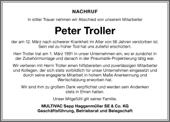 Traueranzeige von Peter Troller von Memminger Zeitung