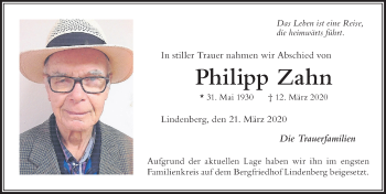 Traueranzeige von Philipp Zahn von Der Westallgäuer