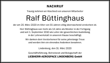 Traueranzeige von Ralf Büttinghaus von Der Westallgäuer
