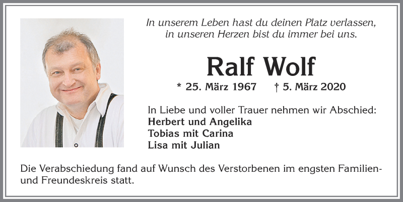  Traueranzeige für Ralf Wolf vom 18.03.2020 aus Allgäuer Zeitung, Kaufbeuren/Buchloe