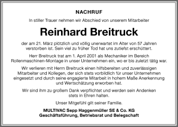 Traueranzeige von Reinhard Breitruck von Memminger Zeitung